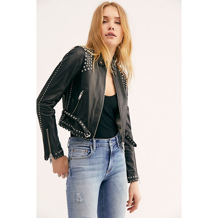 Black studded shop leather jacket womens